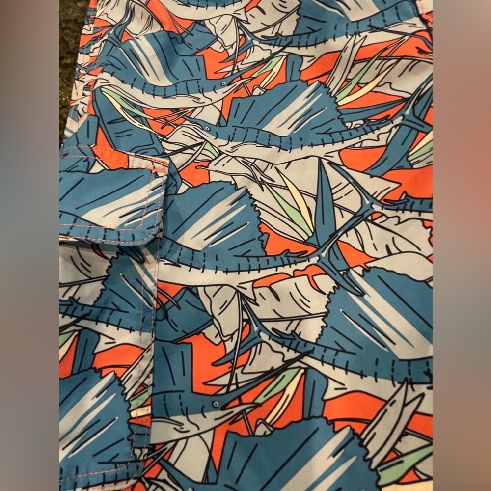 🩵🧡Vineyard Vines Blue and Orange Leaf Print Swim Board Shorts. Size 32. Like new - Picture 7 of 8
